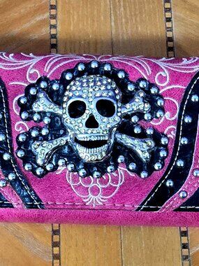 Pink Rhinestone Skull Crossbones Wallet Studded Y2K Mall Goth Clutch
